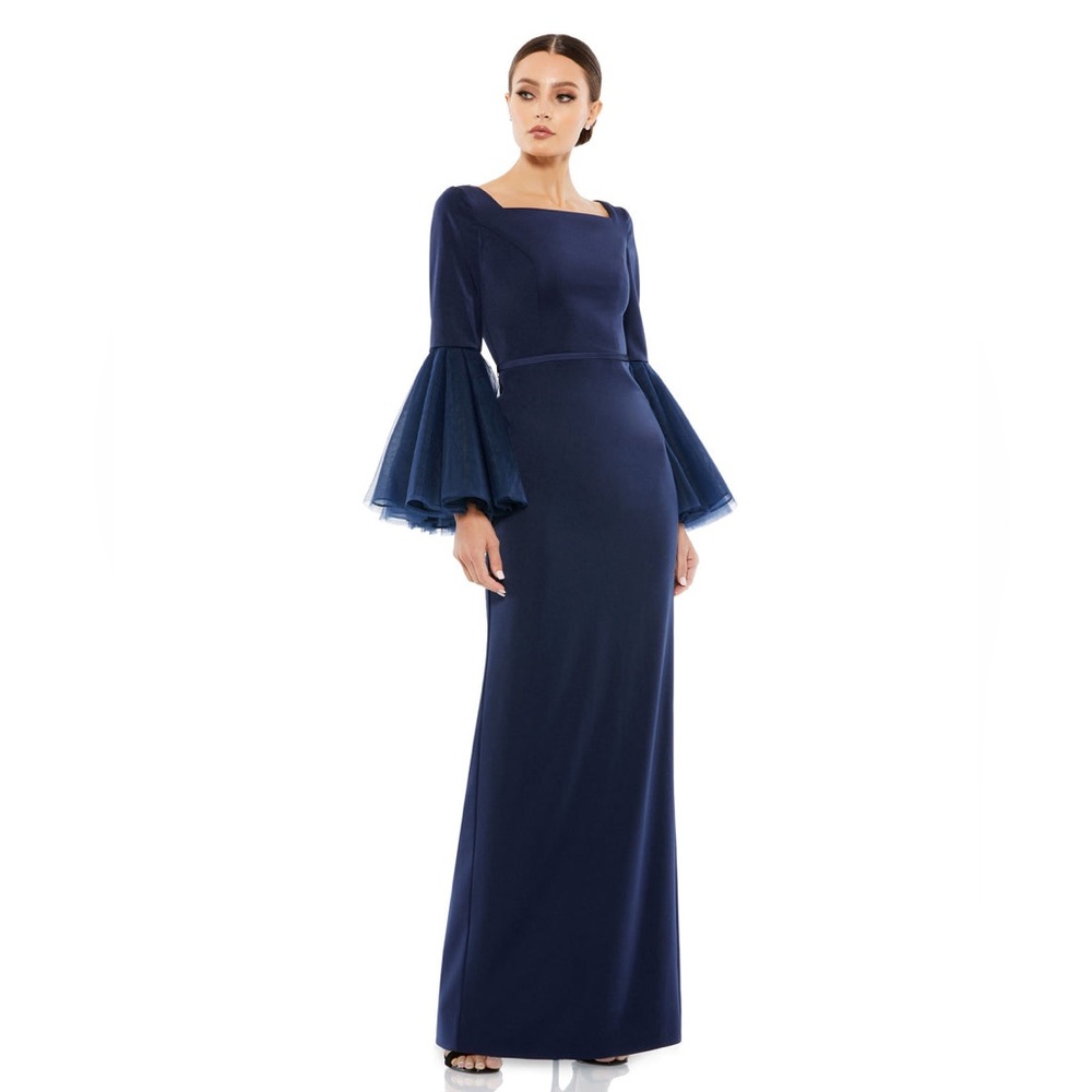 Mac Duggal Navy Long Sleeve Gown with Bell Tulle Sleeves